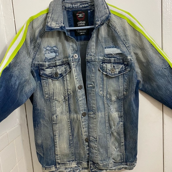 Jordan Craig Legacy Edition Men Large Distressed Jean Jacket Neon Sleeves - Picture 1 of 9